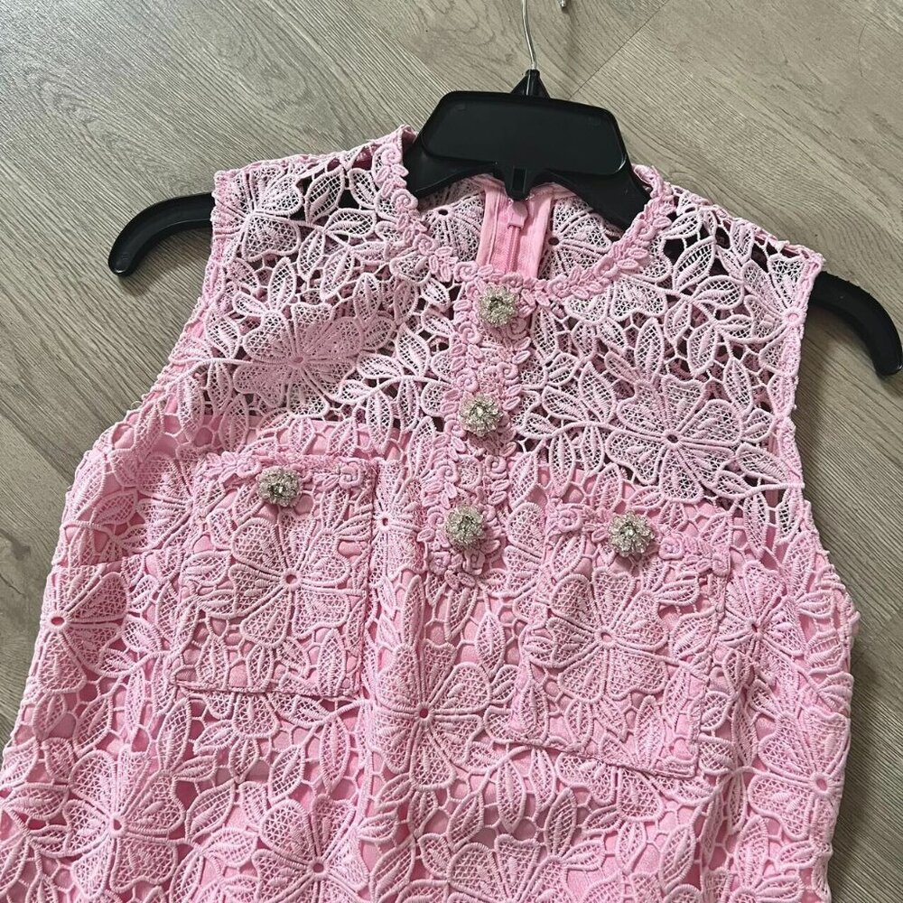 Women's Embroidery Sleeveless Lace Hollow Out Mini Dress Short Skirt Pink Size L - Picture 2 of 9